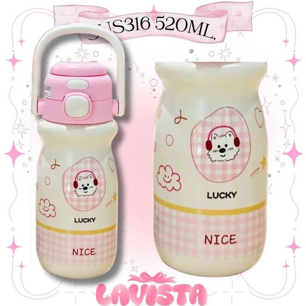 กระติกน้ำเก็บความเย็นหูหิ้วสแตนเลส316 2in1ยกดื่ม/หลอดดูด 520ML.